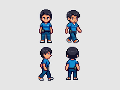 male character pixel art sprite sheet wearing a blue polo shirt and jeans, perfect for casual RPG game NPCs.