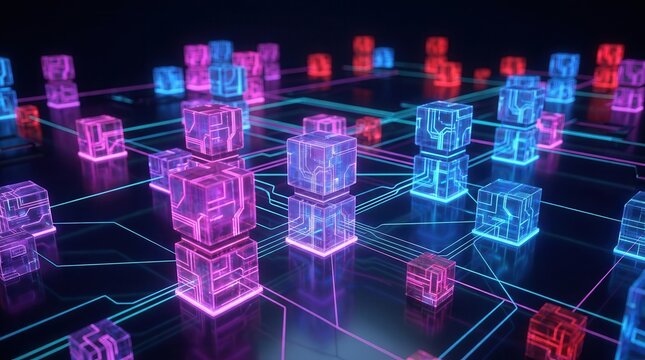 Glowing stacked cube grid representing secure data architecture and data governance.