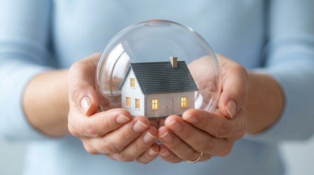 A miniature house inside a protective glass bubble held in hands symbolizing home warranty and safety.