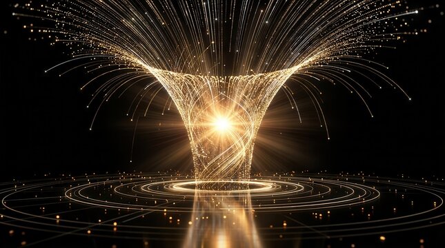 Futuristic light funnel illustrating data integration and information aggregation.