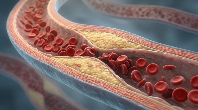 Medical illustration of an artery with cholesterol buildup and red blood cells.