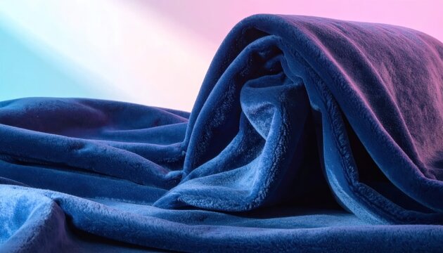 Cozy Blue Fleece Blanket Folded on a Bed with Soft Lighting.