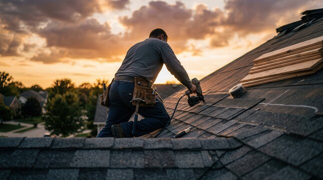 Professional roofer repairing damaged shingles on a sloped roof during a golden sunset.