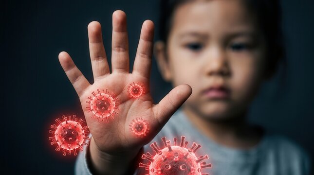 Child's hand with illustrated virus particle overlays representing HFMD infection.