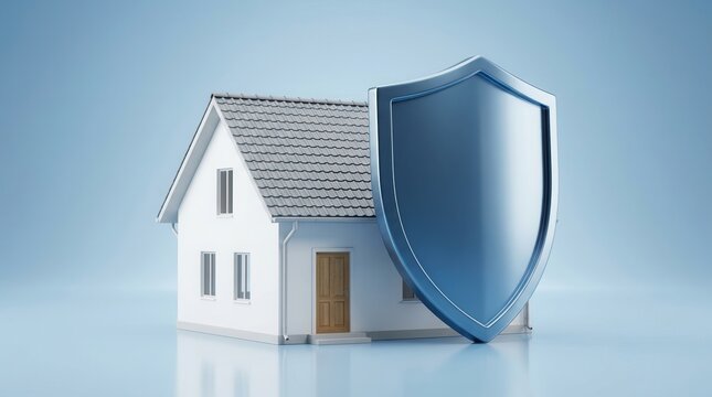 A miniature model house is protected by a blue shield symbolizing asset protection.