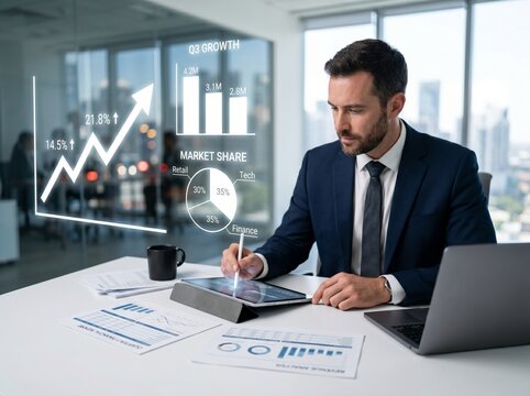 Businessman analyzing financial charts with business intelligence concept, banking analytics, market canvassing, data driven insights and corporate finance strategy. 