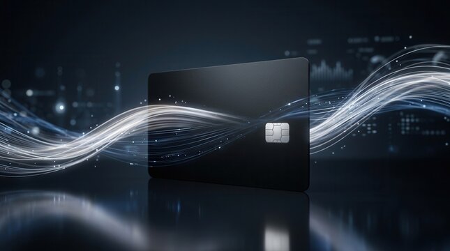 Sleek black credit card with flowing digital waves representing online payment and security.