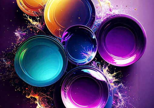 カラフルな皿と飛び散る絵の具の抽象背景、ポップで鮮やかなアートイメージ
