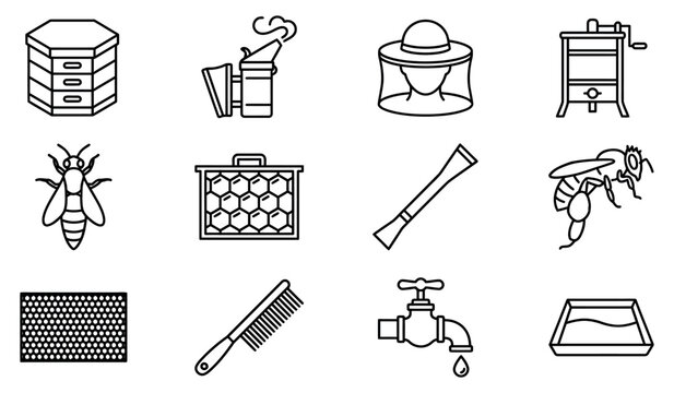 A professional vector illustration set featuring various beekeeping equipment and tools for modern honey production