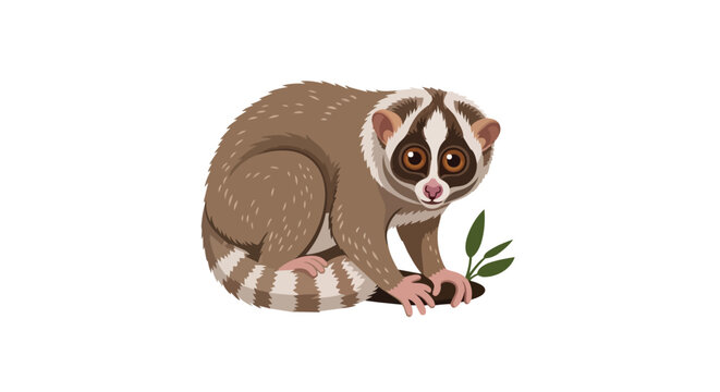 Cute Slow Loris Primate Illustration with Large Eyes and Striped Tail Isolated on White Background