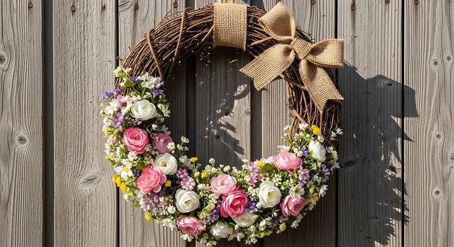 Beautiful floral wreath with pink and white roses on a wooden background