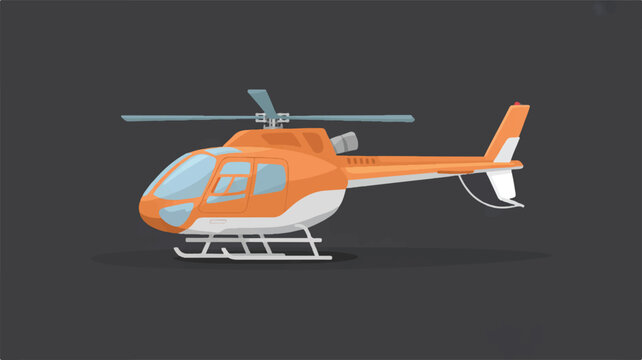 An orange helicopter is flying in the air with rotor blades spinning fast