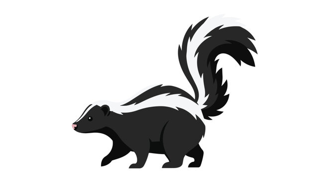 Cute skunk illustration with black and white stripes and fluffy tail isolated on white