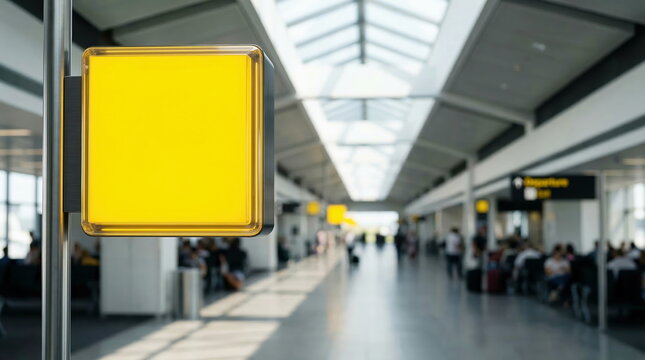 Blank billboard brightly lit and empty inside bustling airport concourse, for advertising or wayfinding messaging.
