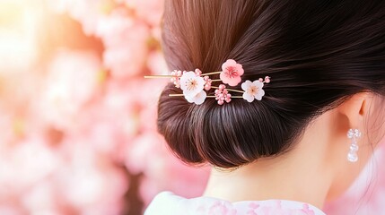 Naklejka premium hairpin. Japanese hairpin with cherry blossom design on black wig bun. event programs, museum guides, designed for cultural heritage projects and event programs, supports education.