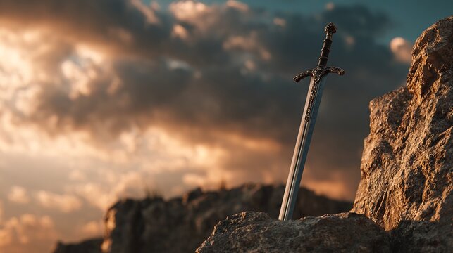 longsword. Knight's longsword thrust into craggy rock, dramatic sunset backlight, heroic. inspiring travel planning, event programs, designed for cultural heritage projects and event programs.