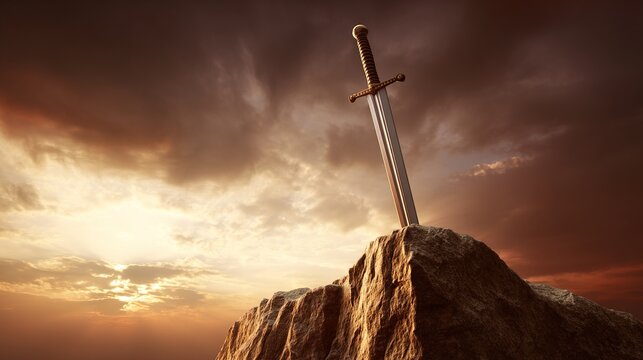 longsword. Knight's longsword thrust into craggy rock, dramatic sunset backlight, heroic. inspiring travel planning, event programs, designed for cultural heritage projects and event programs.
