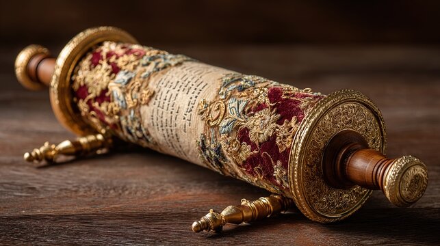 torah. Hebrew scripture scroll on ornate wooden rollers, covered with an embroidered velvet cloth. event programs, museum guides, designed for cultural heritage projects and event programs.