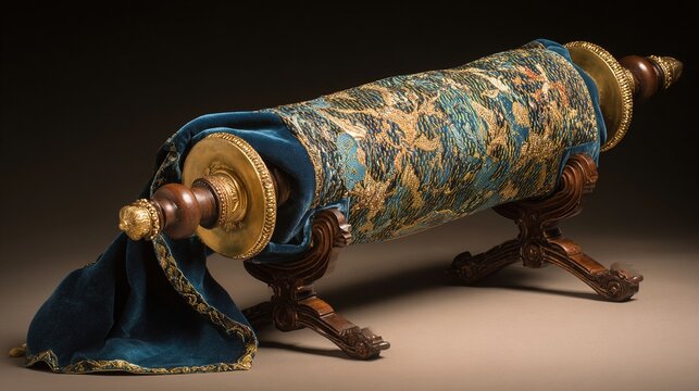 torah. Hebrew scripture scroll on ornate wooden rollers, covered with an embroidered velvet cloth. event programs, museum guides, designed for cultural heritage projects and event programs.