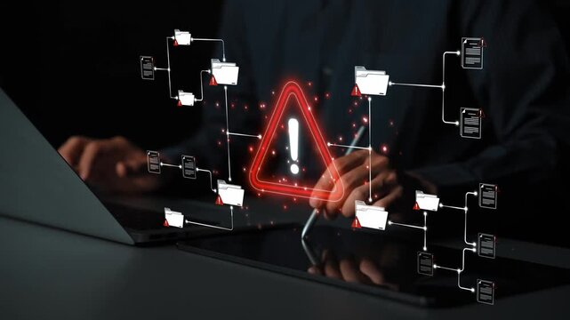 Cybersecurity Warning Illustration with Alert Symbol Displayed on a Laptop while Hands are Typing, Representing Digital Threats and Data Protection Measures Sigmoid