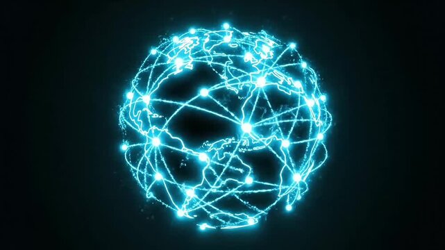 Global Network Connection Animation - Digital Earth with Glowing Lines and Nodes Representing Data Flow and Communication.