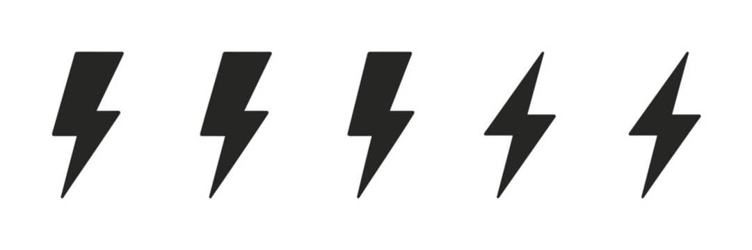 Five dark gray lightning bolt arranged horizontally on white background thunderbolt electricity power
