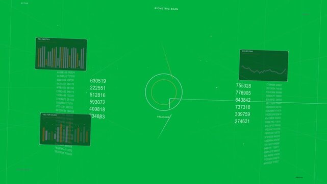 LOADING?TRACKING, reticle rotating, vector aligning data updating for biometric scan transparent bg