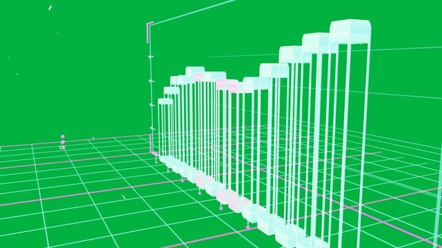 Cam pulling back and orbiting, 3D wire chart showing cyan-magenta cols ramp, trend, transparent bg