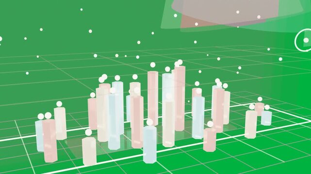 Cam moving forward revealing twotone towers emitting spheres showing data on transparent background