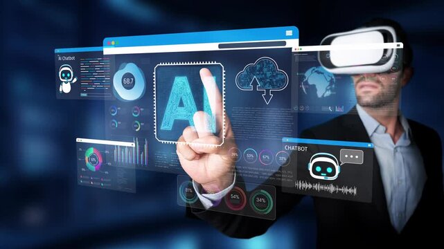 Virtual Reality Experience with User Interacting with Data Visualization and Artificial Intelligence Interfaces in Futuristic Setting Sigmoid