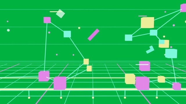 Via camera pull pastel cubes rising, linking with cyan struts, forming network on transparent stage
