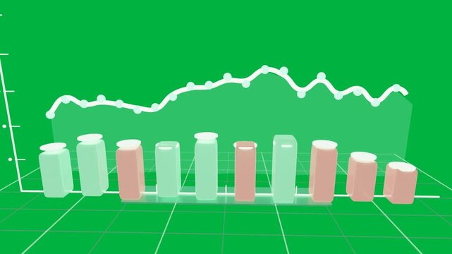 Grid starting 3D bars growing area rising line tracing camera pulling back showing data transparent