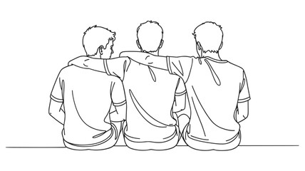 Three young men sitting with arms around each other in a simple line three friends friendship boys