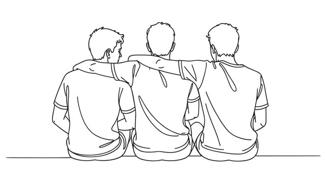 Three young men sitting with arms around each other in a simple line three friends friendship boys