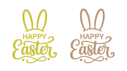 Two easter greetings with bunny ears in yellow and brown calligraphy lettering © MadhobiRani