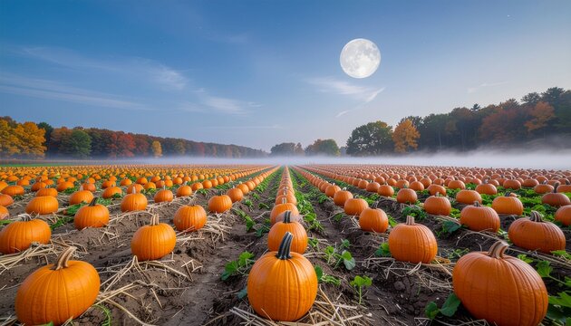 Vibrant orange pumpkins and gourds grow in an agricultural field during the autumn harvest season at a local farm pumpkin patch for seasonal October holiday decorations