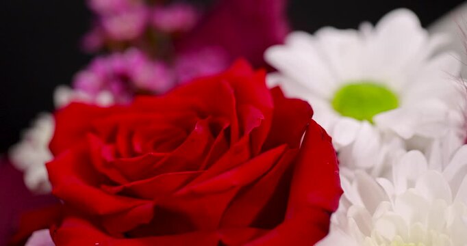 A multi-colored bouquet with a red center, this floral bouquet includes pink and white elements in a dense and dense arrangement in the frame.