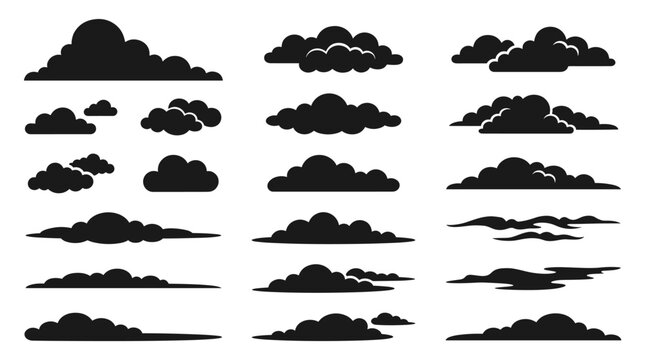 Solid black cloud silhouettes and flat weather shape elements vector graphics collection isolated on white