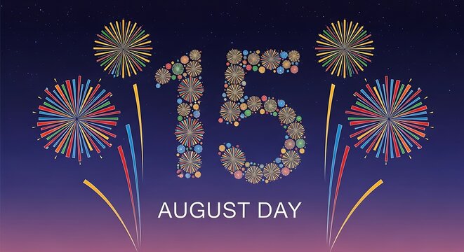 Festive fifteen august day poster featuring colorful fireworks and digit number composition art.