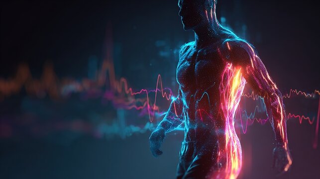biometric. Abstract human silhouette with glowing AI fitness data streams, symbolizing algorithmic health analysis. product launch decks.