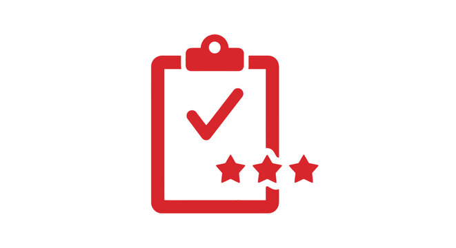 Red Clipboard Checklist with Checkmark and Stars Rating Icon