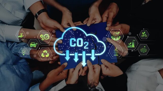 A diverse group of hands gather around a blue surface, illustrating a commitment to environmental responsibility, featuring CO2 graphics and eco-friendly symbols. Raster
