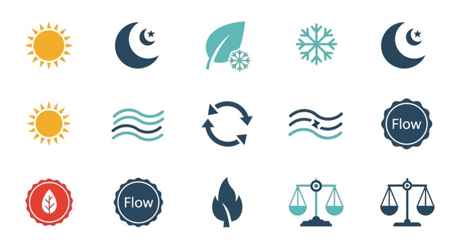 Weather Icons Collection: Sun, Moon, Leaf, Snowflake, Wind, Flow, Scales