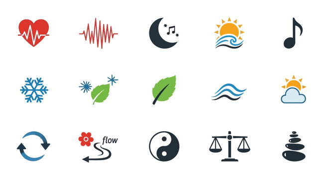 Wellness Icons: Health, Nature, Balance, Music, and Life Symbols