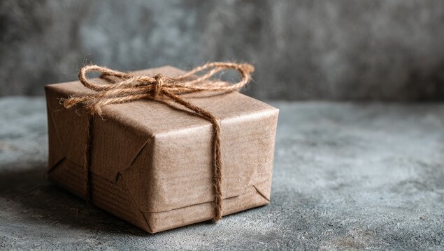 Wrapped gift box tied with twine on textured surface
