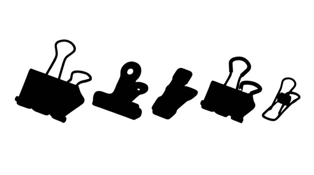 set of five black paperclips icons minimalist office stationery vector illustration