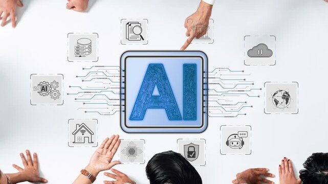 Diverse group of individuals collaborating around central AI symbol with icons representing technology, data, and innovation on a modern workspace surface Sigmoid