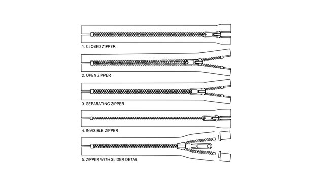 Zipper Fasteners Technical CAD Drawing Set Black and White Vector Template
