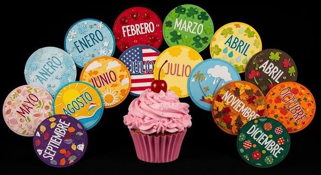 Pink cupcake with Spanish month circles on black background
