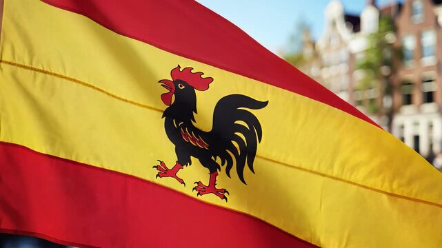 Closeup of a Spanish flag with a black rooster emblem waving in the wind.
